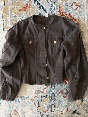 H&M Dark Brown Collarless Button-Front Jean Jacket